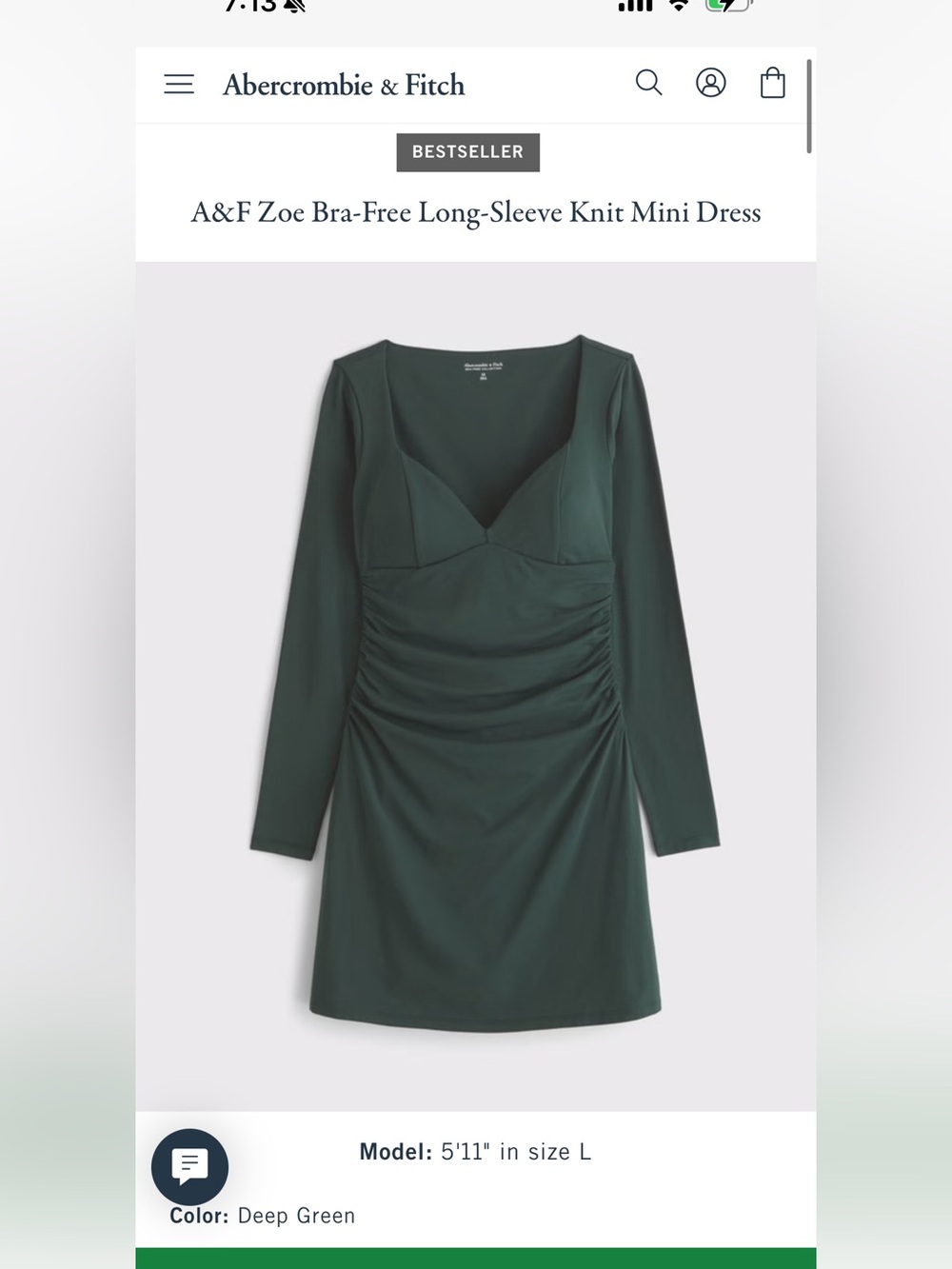 Abercrombie & Fitch Long Sleeve Ruched Mini Dress in Forest Green